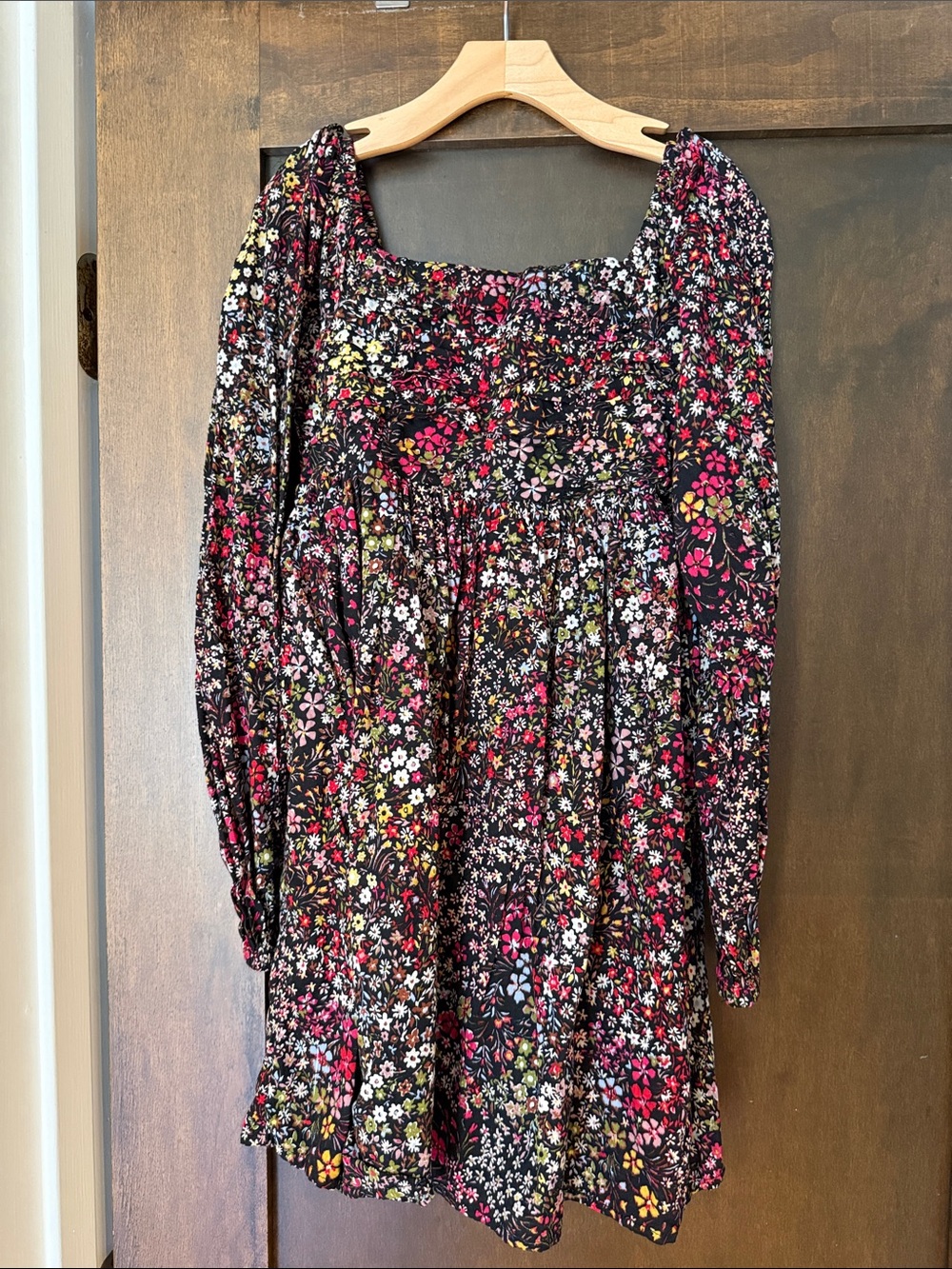 GAP Girls Black Floral Long-Sleeve Dress with Pink, White & Yellow Flowers